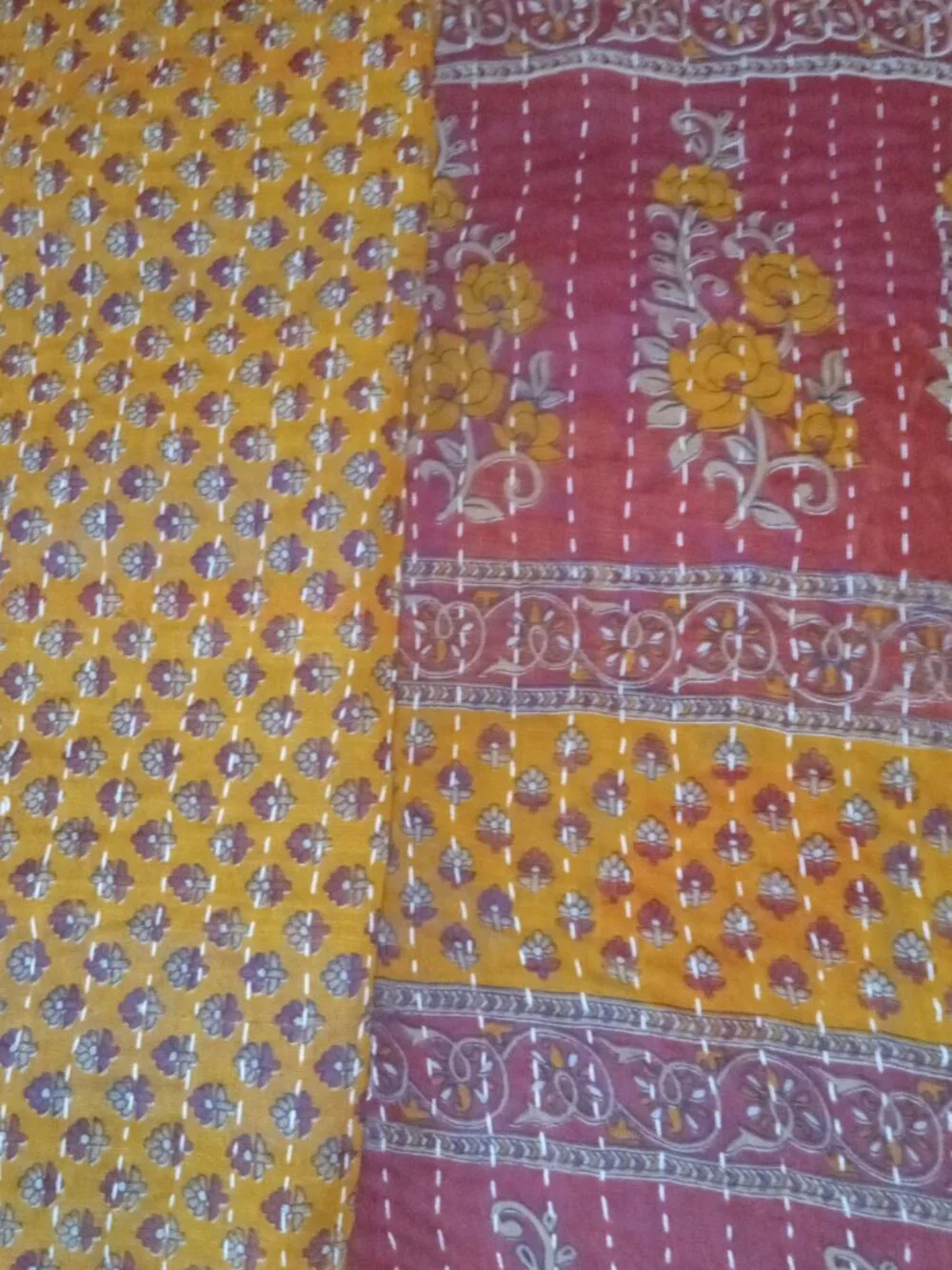 Kantha Quilt Hot Pink Green Premium 3 Layer Cotton Handmade In India K169.